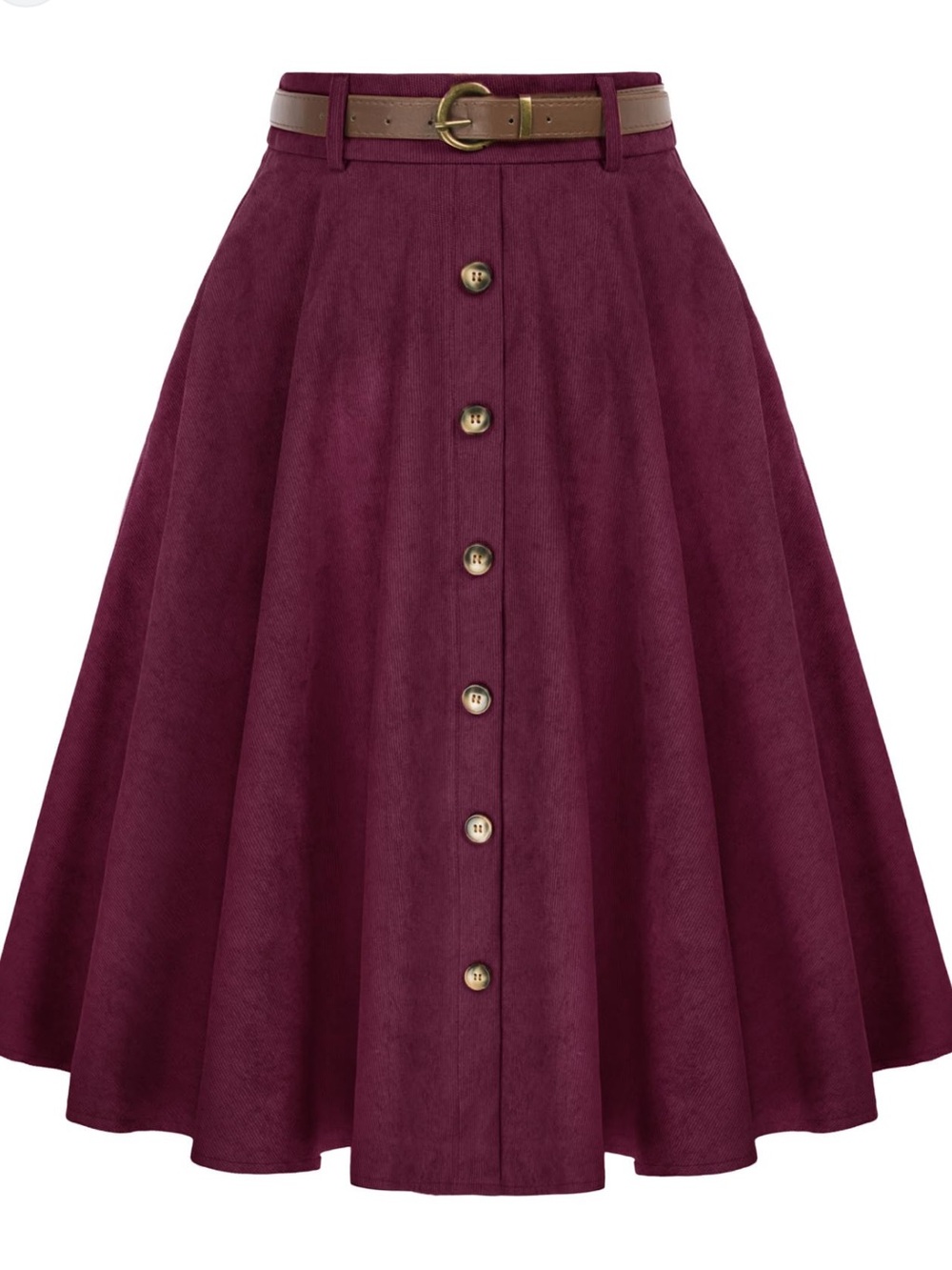 Belted Button-Front A-Line Midi Skirt in Burgundy